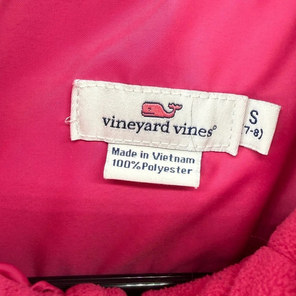 Vineyard Vines Girls Pink Navy Blue Striped Puffer Vest Size S 7-8 Fleece Collar